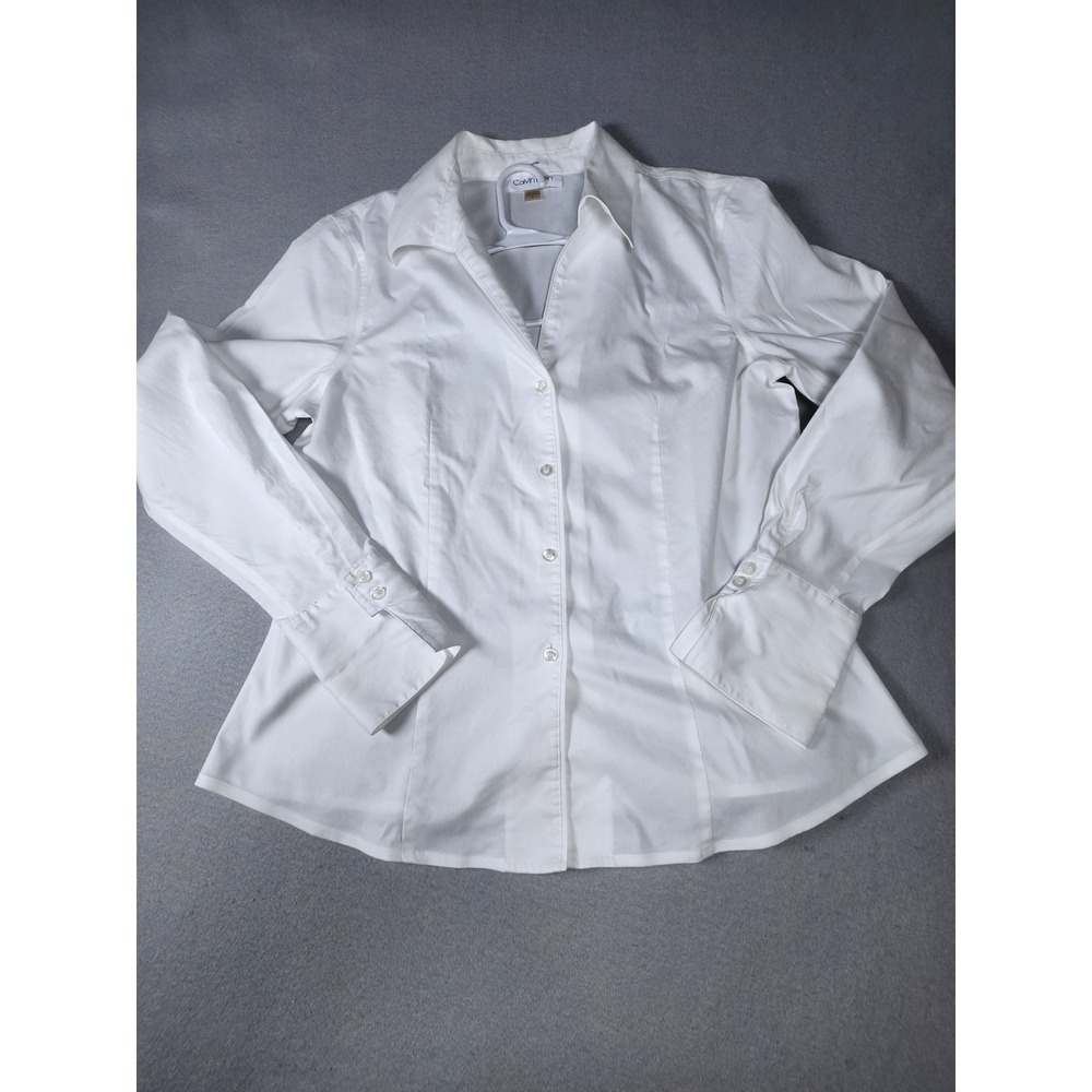 Calvin Klein Blouse Women White  No Iron Long Sleeve Stretch Tailored Cuffs L